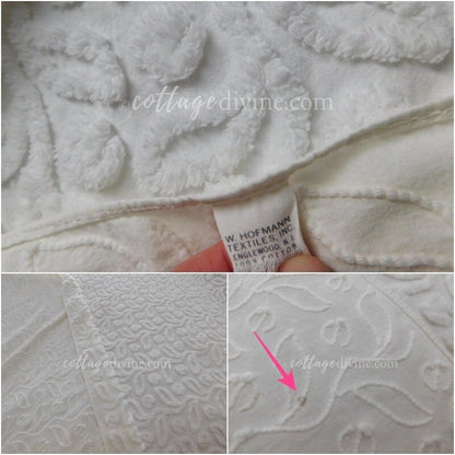 White Ivy Berry Vintage Chenille Bedspread, Full Size Cotton Bedding with Fringe, Tagged Hofmann Textiles