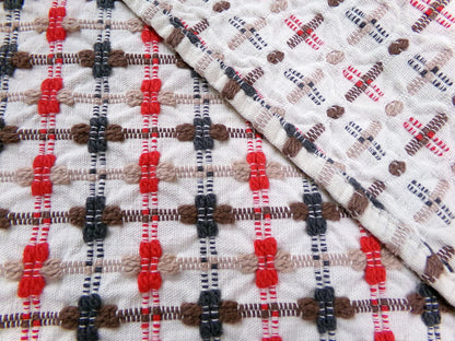 little bow tie vintage woven fabric w/ intersecting chenille cross ties in red, charcoal, mocha & brown, 20" x 24" cut piece sewing material