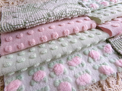 vintage pink & green chenille fabric squares, "breath of spring", rotary cut from vintage chenille bedspreads, set of 16 Blocks 6" x 6" inch