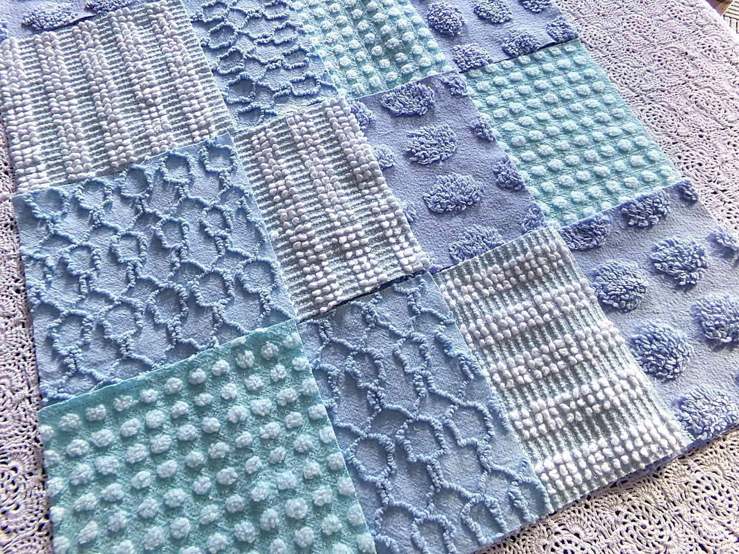 lake breeze vintage chenille quilt squares, set of 16 cool blue & aqua cotton 6" quilt blocks for quilting, upcycling into crafts