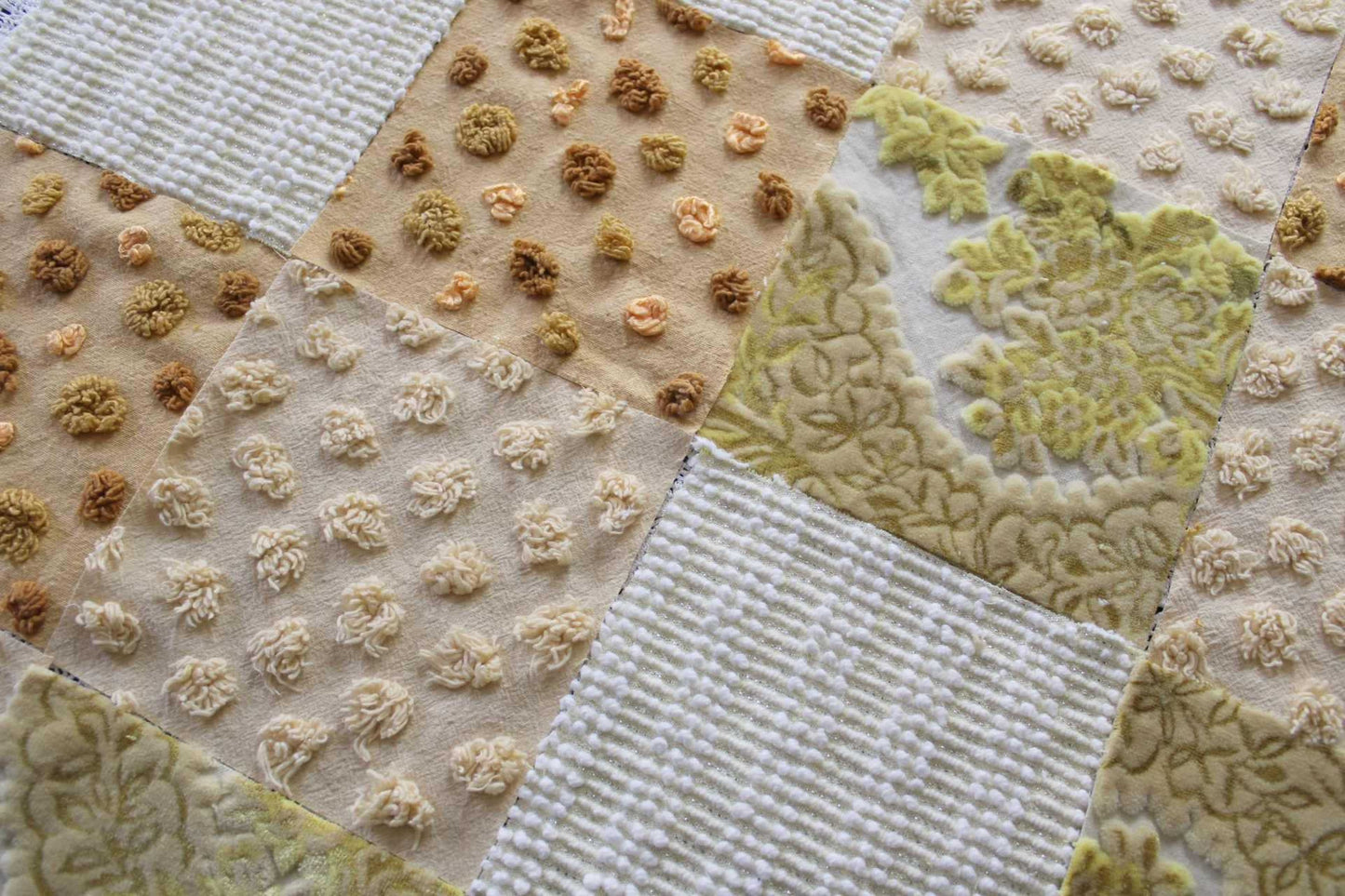 Chenille & Velvet Quilt Squares Set, "Sun Goddess", from Vintage Bedspread Fabric, 16 Blocks, 6" x 6" inches each, Earthtones