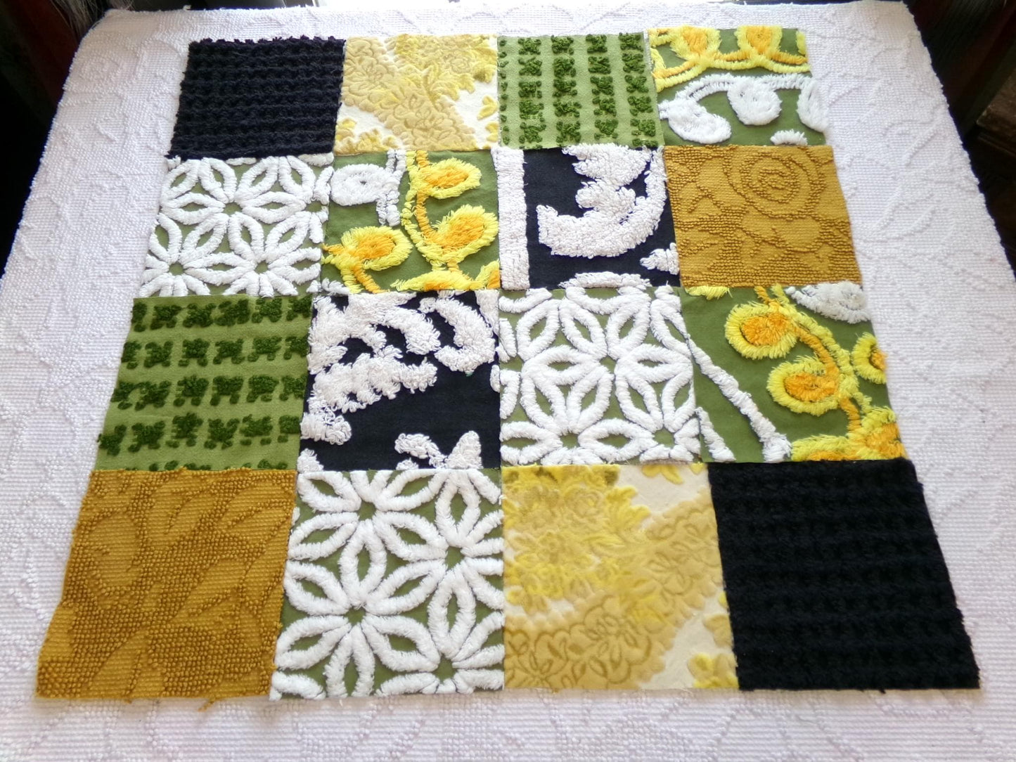 bewitching blend of vintage 6" chenille squares, set of 16 quilt blocks, rotary cut from boho vintage chenille bedspread fabrics