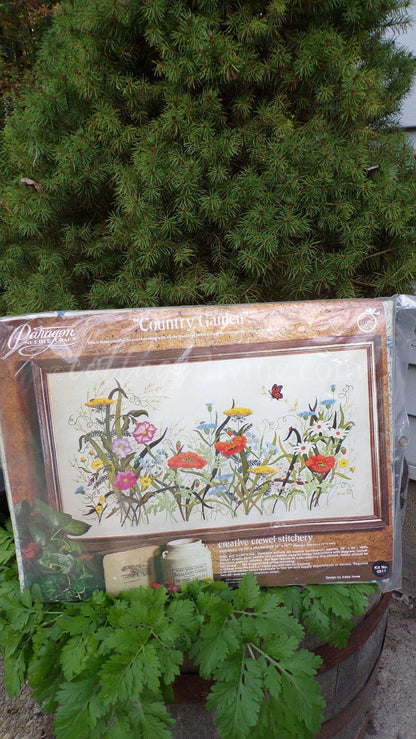 COUNTRY GARDEN Rare Crewel Stitchery Kit, Flower Power Meadow Scene Wall Hanging, Vintage 0511 Paragon Needlecraft Embroidery by Adele Veres