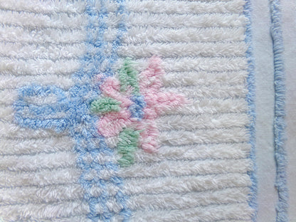 vintage chenille fabric panel: carefree little girl on swing in cameo of pink lilies, 28" x 38" large cut piece