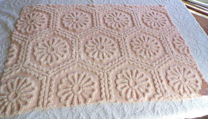 Romantic Daisy Iced Peach Vintage Chenille Quilt Fabric Piece, 31.5" x 22" inches