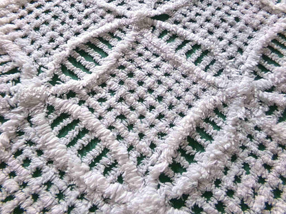 Rich Green Vintage Chenille Fabric, 20" x 24" inch Piece, Plush White Wedding Ring Geometric Design