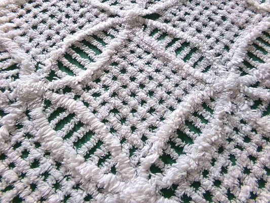 Rich Green Vintage Chenille Fabric, 20" x 24" inch Piece, Plush White Wedding Ring Geometric Design