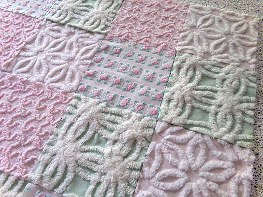 Chenille Squares Set, "Flower Petals," 16 Vintage Fabric Quilt Blocks, 6" inch in White Daisy, Pink Rosebud, Mint Green, Squiggles