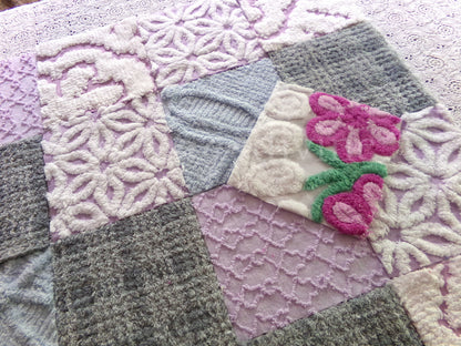 Sweet Dreams Vintage Chenille Fabric Squares, in Grey, Lilac, White & Blue, Set of 17 Blocks, 6" Each for Quilts, Crafts