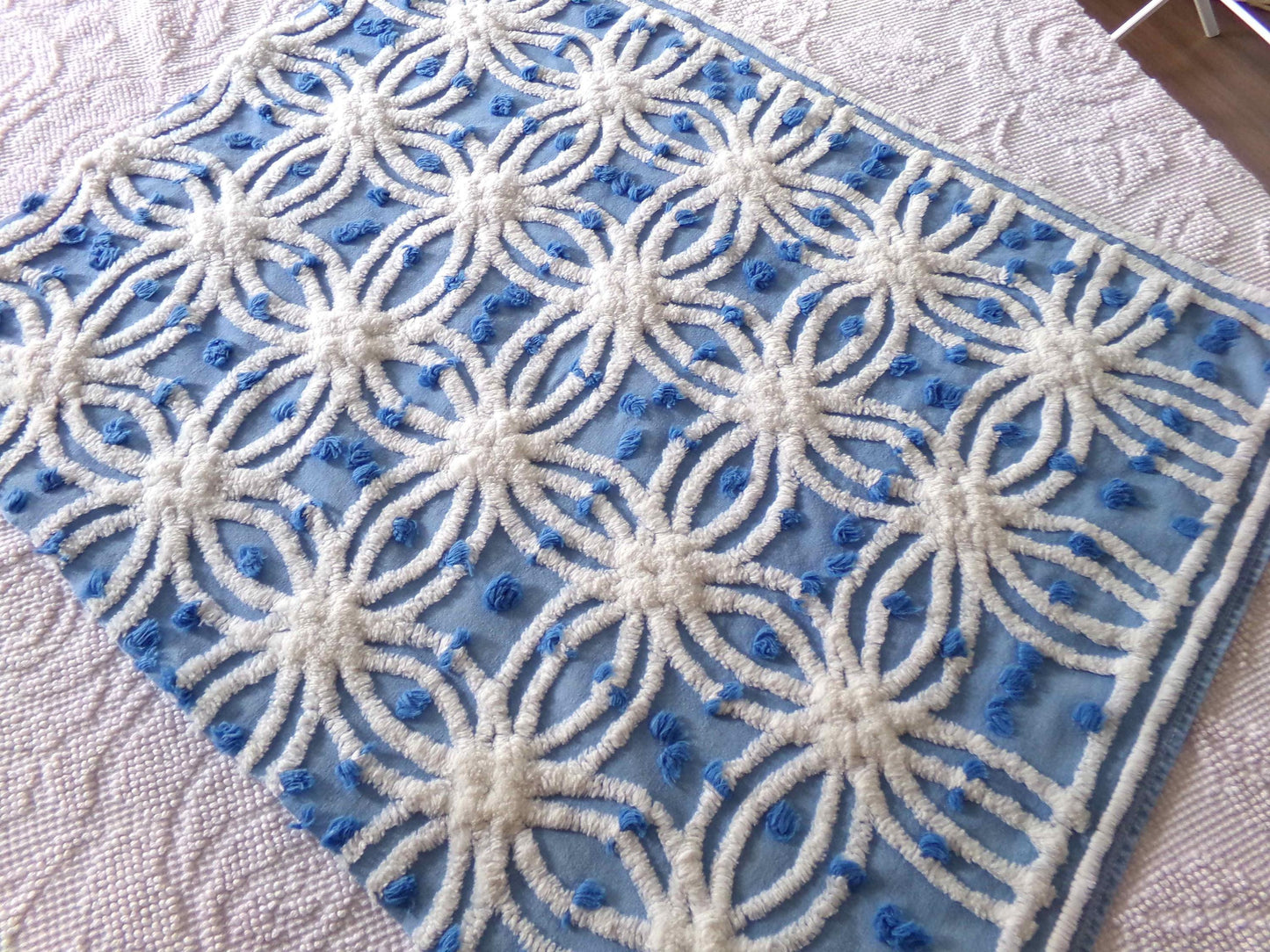 deep coastal blue vintage chenille fabric with tufted white spider rings & little pops, 23" x 20" inch piece