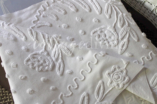 Lily White Dot Vintage Chenille Fabric Piece, 19" x 27" inches, Beautiful Farmhouse Style