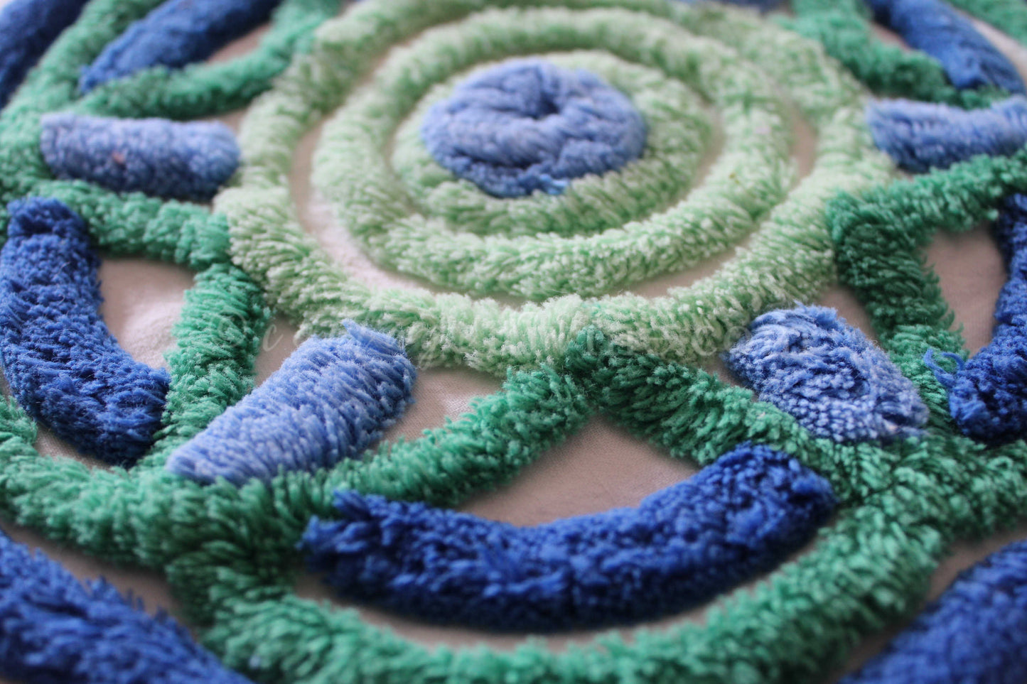 Retro Flower Power Vintage White Chenille Fabric, Striking 15.5" x 47" inch LARGE piece, Handmade Floral Design