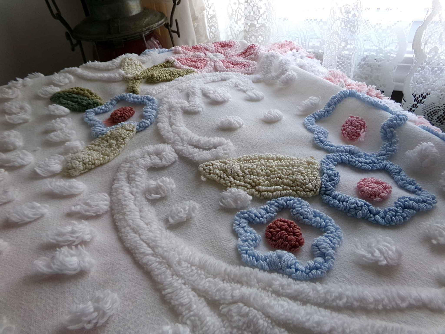 Dreamy Florals Vintage Chenille Material, 29" x 24" inch Fabric Piece, Beautifully Tufted Spring Flower Design on White Cotton