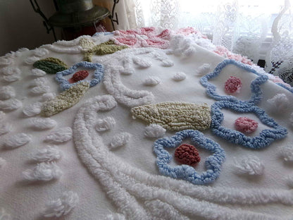 Dreamy Florals Vintage Chenille Material, 29" x 24" inch Fabric Piece, Beautifully Tufted Spring Flower Design on White Cotton