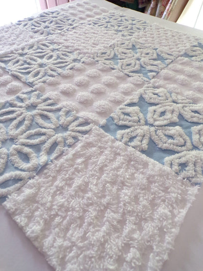 Coastal Classics Quilt Squares Set, from Vintage Chenille Bedspread Fabric, 16 Blocks, 6" x 6" inch, Fluffy Plush Blue & White