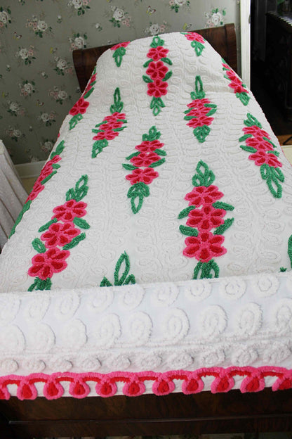 Vintage Chenille Bedspread, Raining Roses on Plush White, Full Size