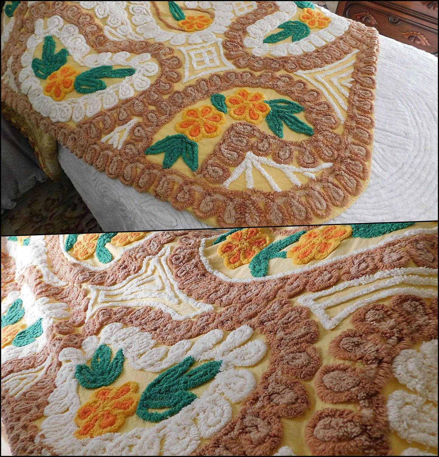 Midcentury Vintage Chenille Bedspread, Sunrise Yellow Gold Hearts & Flowers, Full Size Bedding