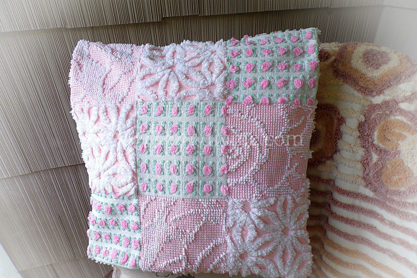 Cottage Fantasy Chenille Pillow Cover 16" x 16" inch Square, REVERSIBLE Patchwork Pink Accent Pillow from Vintage Chenille Bedspread Fabric