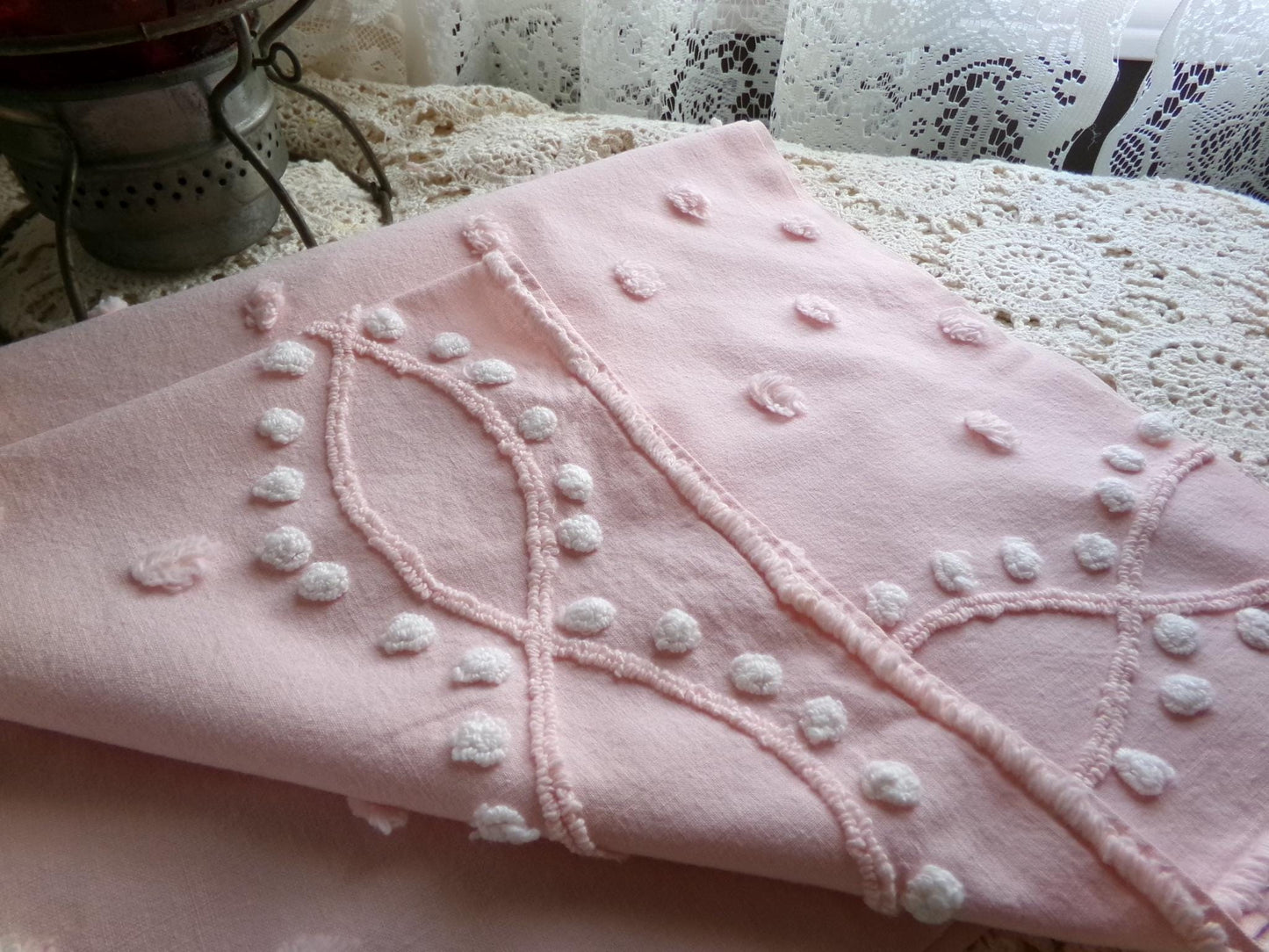 petal pink feminine chenille fabric, vintage sewing material with wideset pops & infinity link accents, lightweight 20" x 27" inch piece