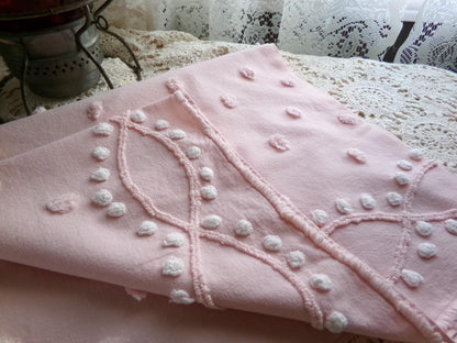 petal pink feminine chenille fabric, vintage sewing material with wideset pops & infinity link accents, lightweight 20" x 27" inch piece