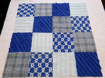 Vintage Chenille Fabric Squares - Set of 16 - Sporty Grey, White & Blue - 6" Quilt Blocks