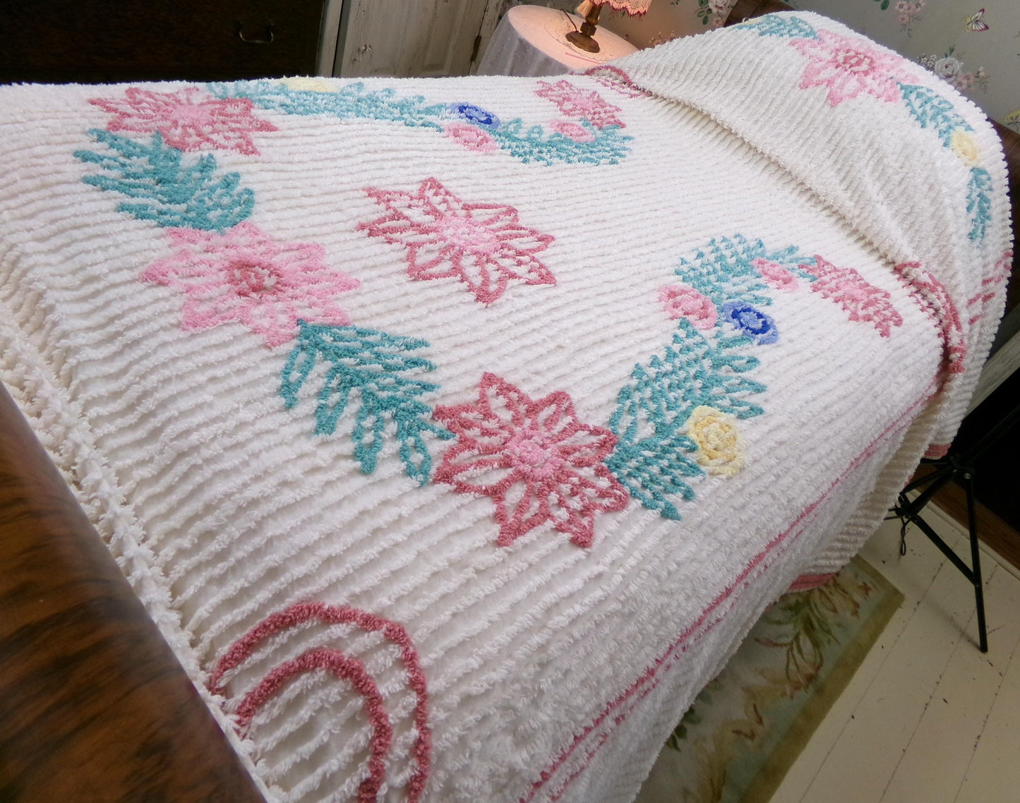 Vintage Twin Chenille Bedspread w/ Pink Star Lilies, Botanical Leaves on Cream Tufted Cotton