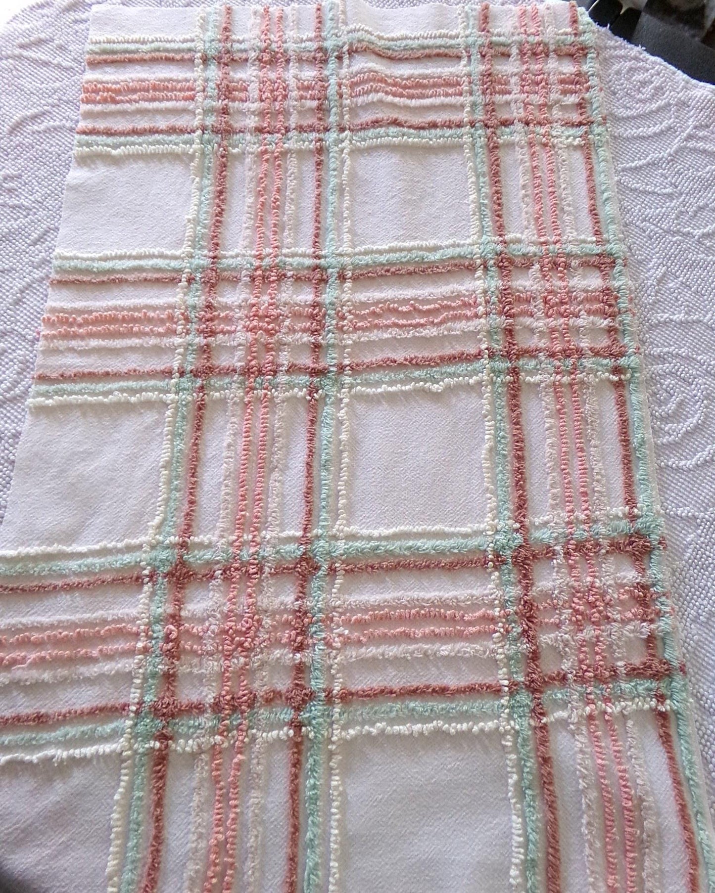 spring plaid vintage chenille fabric, cottage style sewing material for quilts, pillows & crafts, 17" x 27" inch piece
