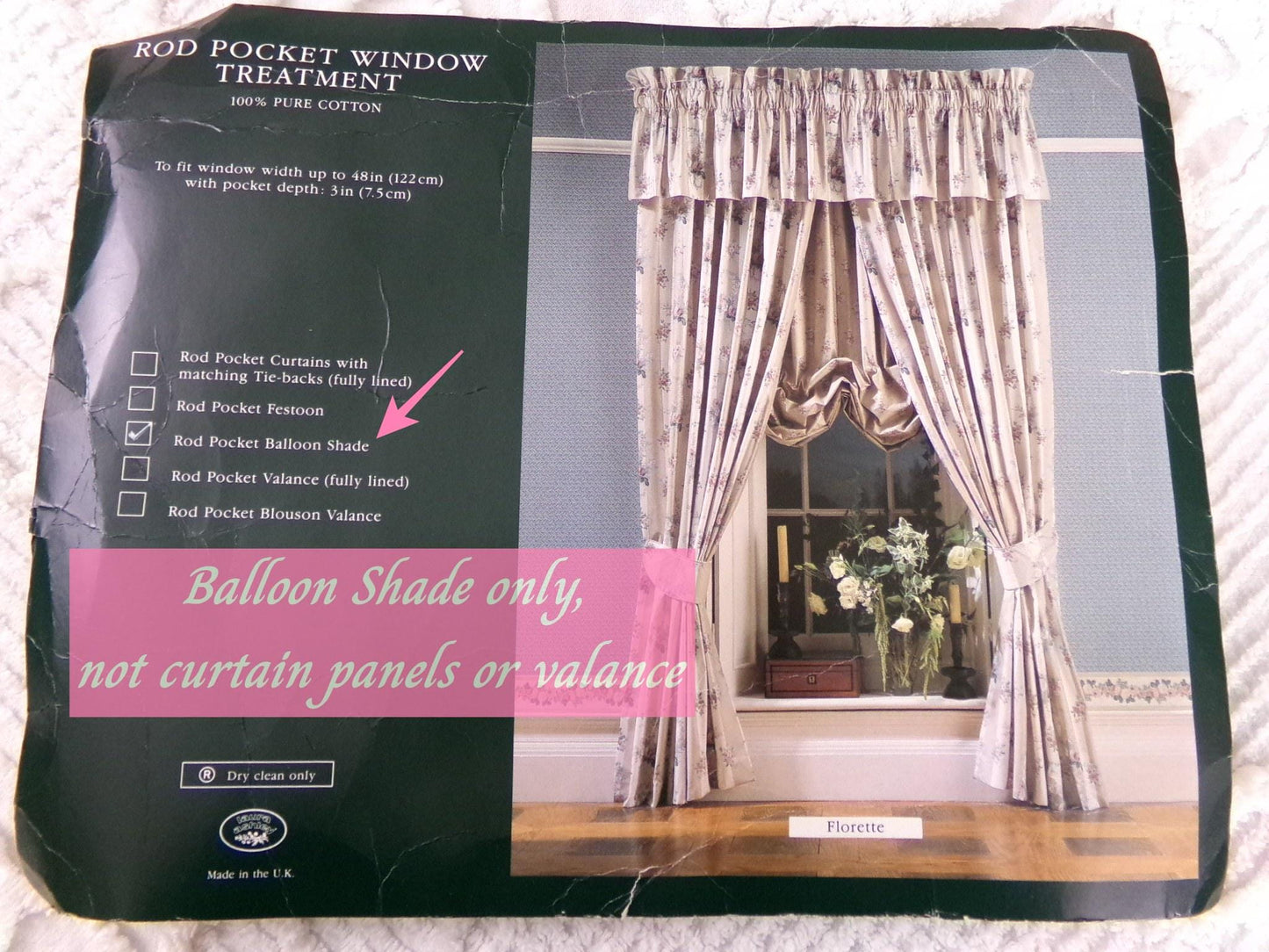 Laura Ashley FLORETTE Rod Pocket Balloon Shade, Vintage New Old Stock Window Curtain Treatment in Country Florals, 100% Cotton Made in UK