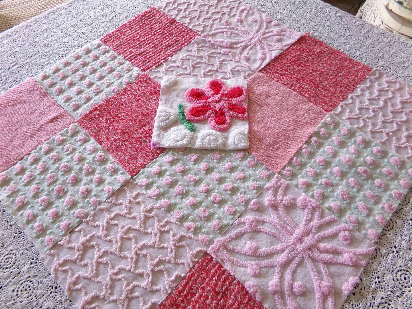 Sweet Kisses Chenille Fabric Squares Set in Pink, Red, White, 17 Blocks, 6" inch ea, Great Range of Textures & a Pretty Flower Block