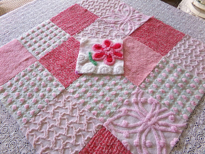 Sweet Kisses Chenille Fabric Squares Set in Pink, Red, White, 17 Blocks, 6" inch ea, Great Range of Textures & a Pretty Flower Block