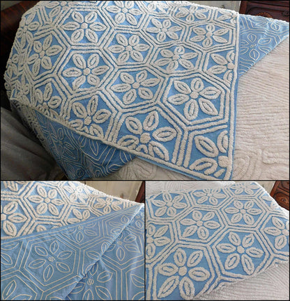 Vintage Chenille Bedspread, White Daisy Hexagon Design on Sky Blue, Full Size 1950s Geometric Design, 100% Cotton
