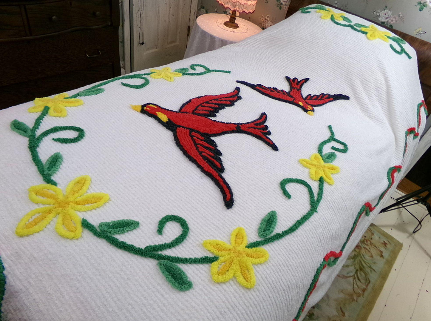 wings of love vintage chenille bedspread, majestic red cardinal birds in a garland of flowers, 100% soft cotton coverlet, full size bedding