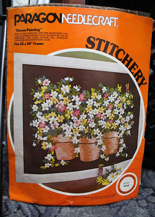 Vintage "FLOWER PAINTING" Crewel Embroidery Kit Huge Rare Paragon Stitchery 0710