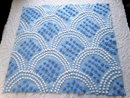 mermaid tails vintage chenille fabric, 25" x 24" inch piece in beautiful blue & white scallop pops design