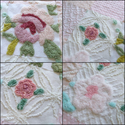 fairy flowers chenille fabric squares, set of 16 vintage craft quilt blocks 6" inches ea, soft pink, peach & floral