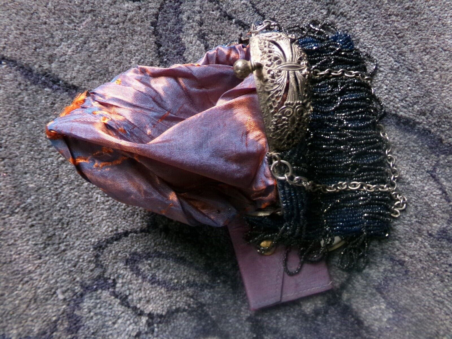 Antique Micro Bead Bag Carnival Glass Purse Vintage Victorian Fancy Clasp Top