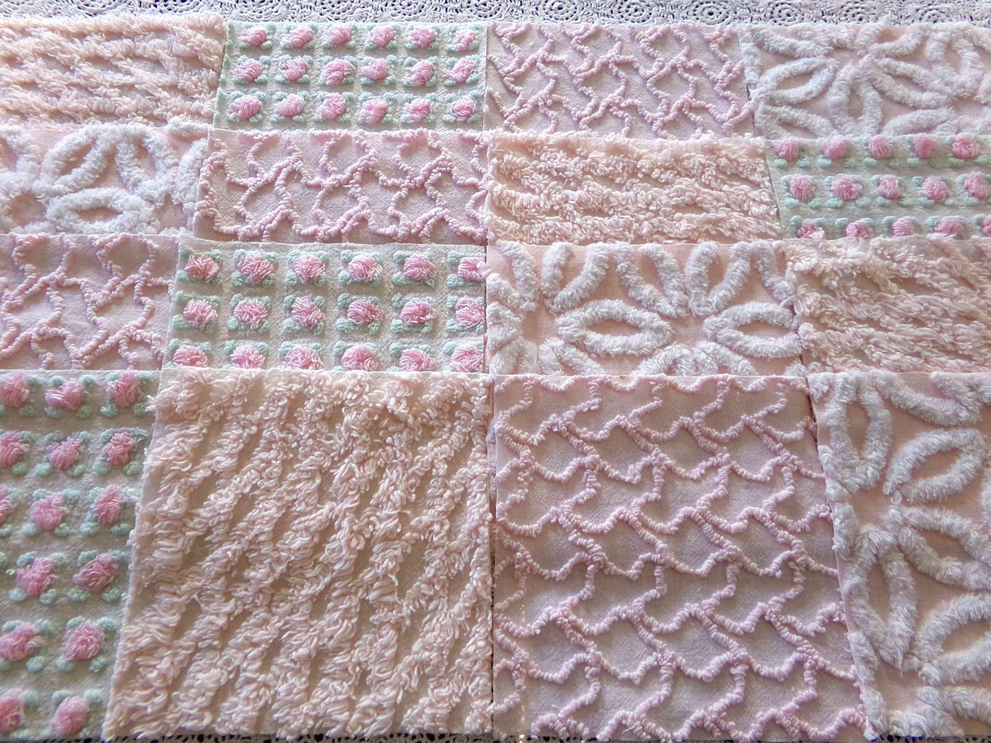 Spring Glow Chenille Quilt Squares Set from Vintage Bedspread Fabric, 16 Blocks, 6" inch ea in pretty daisies, pink rosebuds, peach lattice
