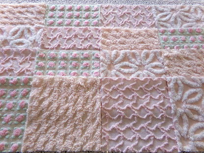 Spring Glow Chenille Quilt Squares Set from Vintage Bedspread Fabric, 16 Blocks, 6" inch ea in pretty daisies, pink rosebuds, peach lattice