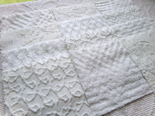 white vintage 6" chenille squares, set of 12 quilt blocks in a classic selection of popular patterns for sewing & crafts