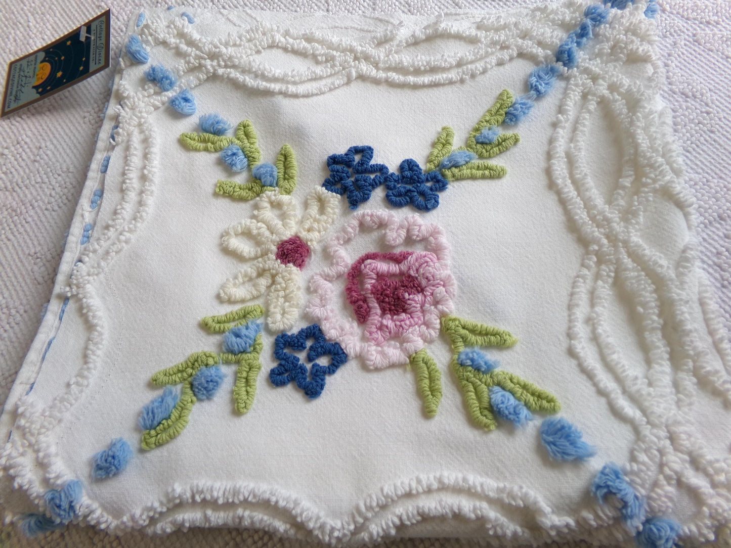 classic shabby style vintage chenille fabric, needletuft florals, blue pops, white cotton material, 22" x 24" piece for sewing, quilting