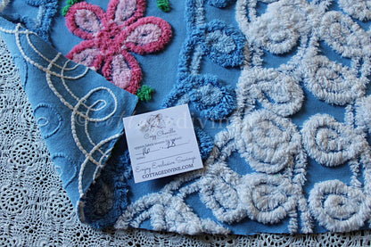 Sky Blue Swirls Vintage Style Chenille Fabric, 16" x 28" Inch Floral Piece, White Curlicues