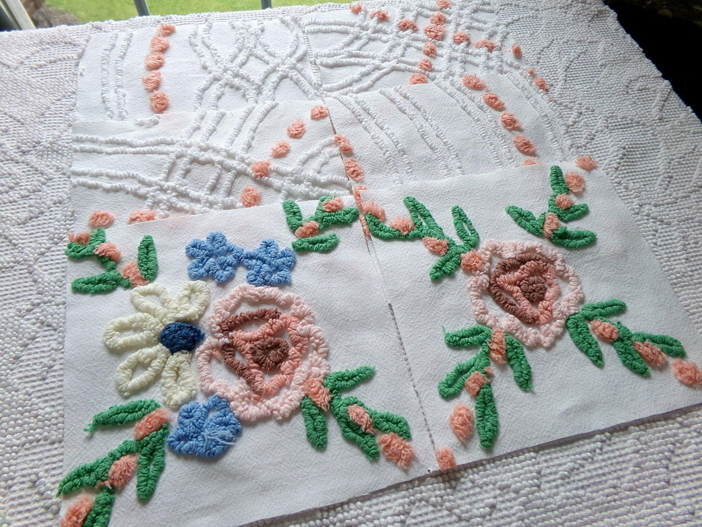 cottage style chenille fabric squares, set of 6 vintage 7.5" quilt blocks, peach, white rose floral & geometric for sewing, crafts, quilting