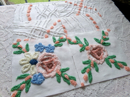 cottage style chenille fabric squares, set of 6 vintage 7.5" quilt blocks, peach, white rose floral & geometric for sewing, crafts, quilting