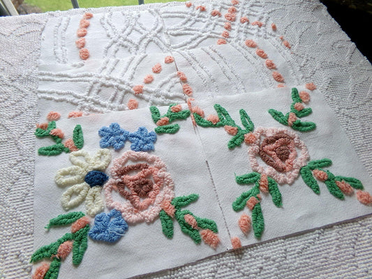 cottage style chenille fabric squares, set of 6 vintage 7.5" quilt blocks, peach, white rose floral & geometric for sewing, crafts, quilting