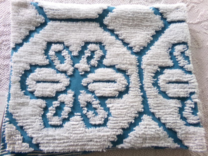 sea glass blue vintage fabric, texturized white daisy block design, 20" x 25" piece of sewing material cut from chenille bedspread