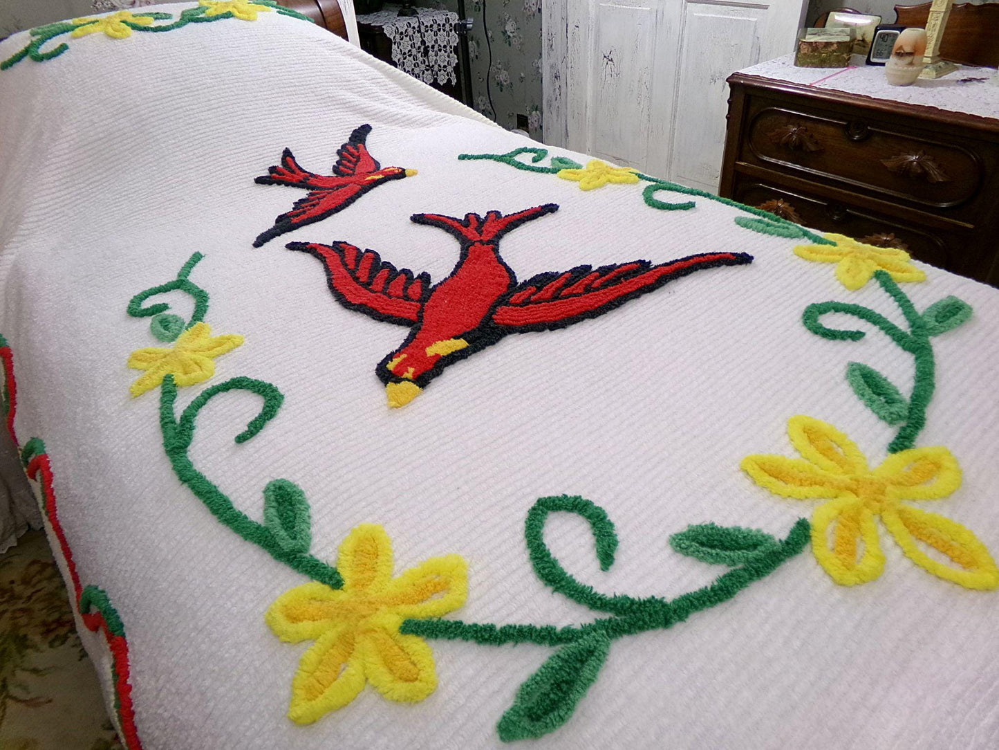 wings of love vintage chenille bedspread, majestic red cardinal birds in a garland of flowers, 100% soft cotton coverlet, full size bedding