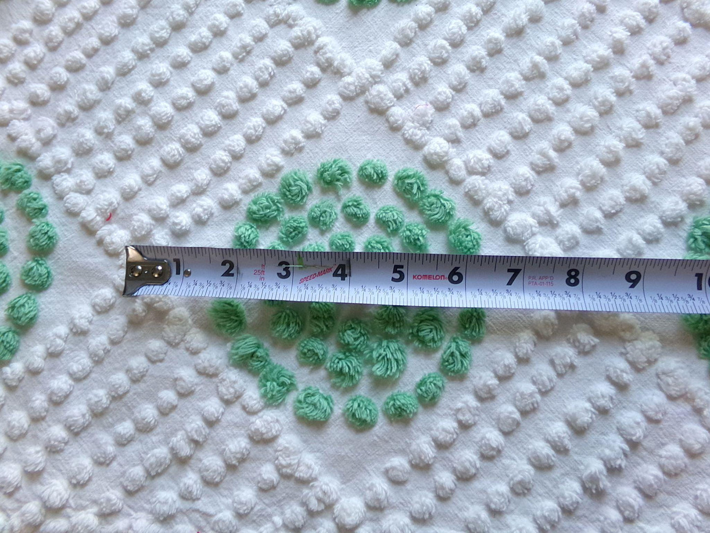 sweet shamrock green vintage chenille fabric, diamond circle pattern, 16" x 24" piece of white cotton sewing material for quilts, crafts