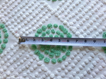 sweet shamrock green vintage chenille fabric, diamond circle pattern, 16" x 24" piece of white cotton sewing material for quilts, crafts
