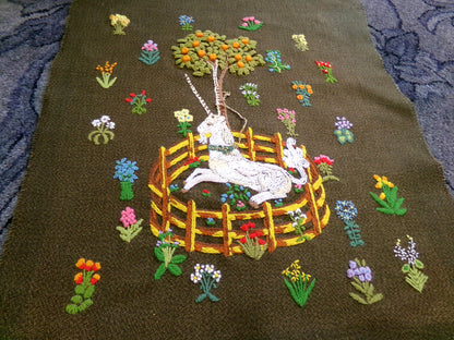Unicorn in Captivity Completed Crewel Embroidery, Paragon 0846 Stitchery, Medieval Old World Tapestry Style Adaptation