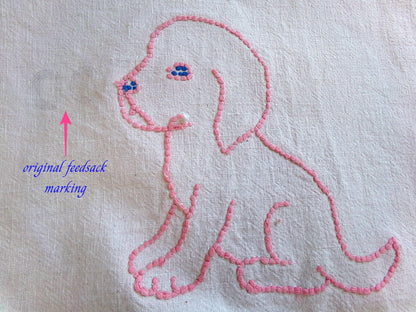 dog lovers! Pink Puppy Dogs Vintage Chenille Fabric, Pair of Puppies on Cotton Feedsack, 12" x 26" Piece for Handmade Quilts, DIY Pillows